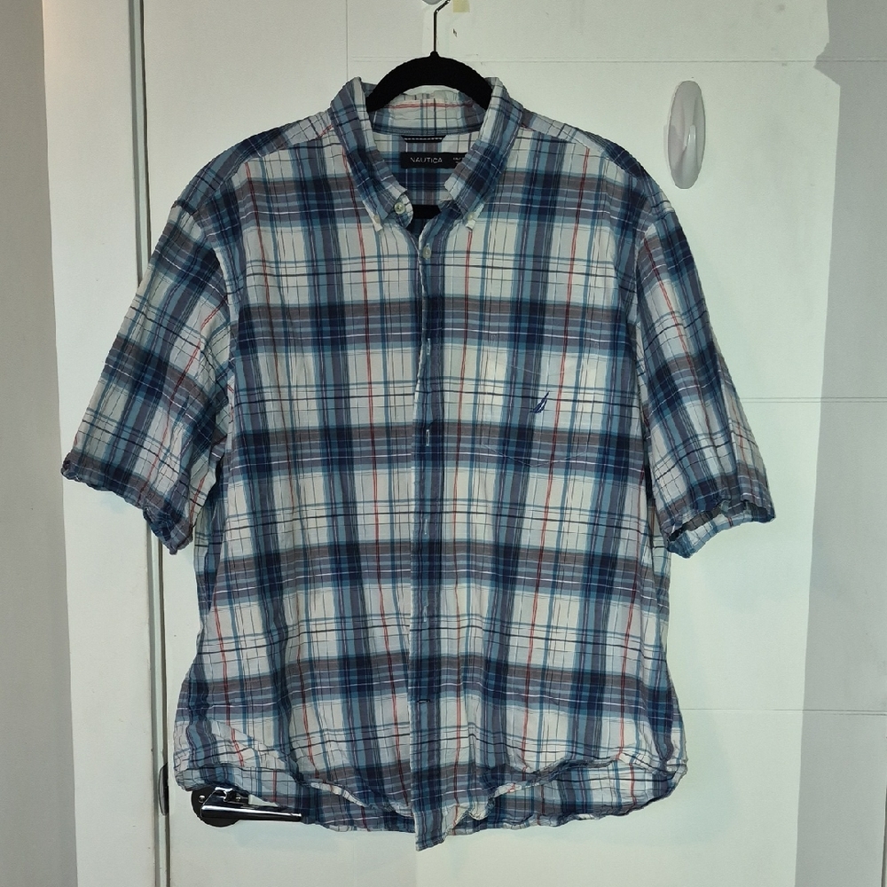 Nautica White and Blue Plaid Short-Sleeve Button-Down Shirt